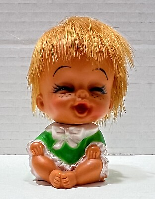 #ad Vintage Moody Cutie Vinyl Rubber Doll Made In Korea Freckles Happy Green Dress $9.99