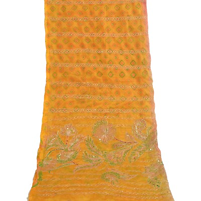 #ad Sanskriti Vintage Dupatta Long Stole Art Silk Yellow Hijab Hand Beaded Scarves $27.38