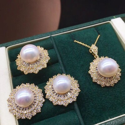 #ad Gorgeous AAAA 12 13mm south sea WHITE stud pearl pendant earring ring set 925S $79.00
