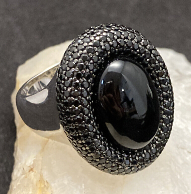 #ad Sterling Silver Y 925 Black Oval Stone Black CZ Pave Halo Ring Size 10 17.8g $55.45