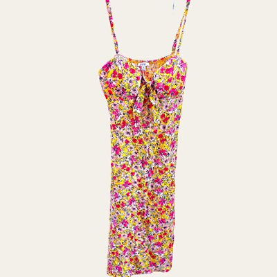 #ad AUW Yellow Floral Long Maxi Elastic Sun Dress Spaghetti Strap Padded Bra Sz Med $12.88