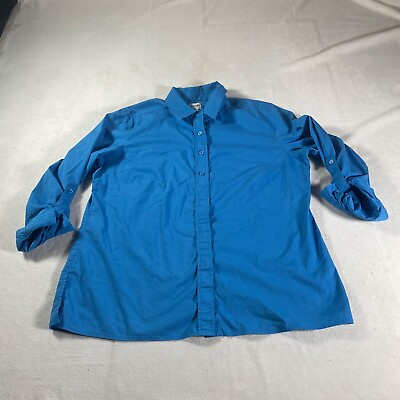 #ad Chicos Shirt Womens 3 Blue Button Down Top Extra Large Rolled Sleeves Tab Ladies $11.24
