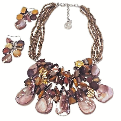 #ad Erica Lyons Shell Chips Beaded Collar 18quot; Necklace and Hook 2.5quot; Earrings Set $20.00