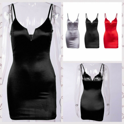 #ad Women#x27;s Fashion Satin V Neck Spaghetti Straps Backless Ruched Bodycon Mini Dress $25.12