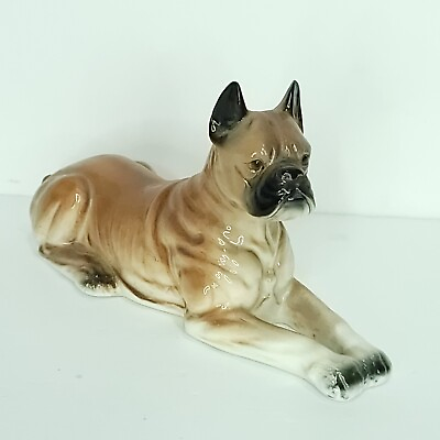 #ad Ucagco Japan Ceramic Sitting Boxer Dog Brown 9quot; Long Ceramic Figurine Realistic $21.24