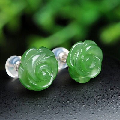 #ad Natural Jade Stone Flower Stud Earrings Green Crystal Earrings Silver Post $13.90