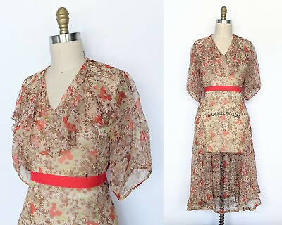 #ad Vintage 1930s Floral Chiffon Day Dress Vintage 30s Silk Tea Length Gown $195.00