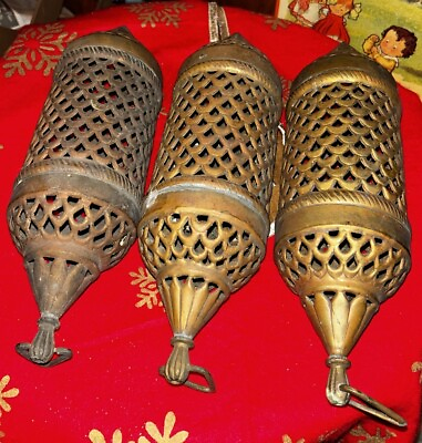 #ad 3 Antique Brass Moroccan Pendent Lamps Amazing Rare THREE $375.00