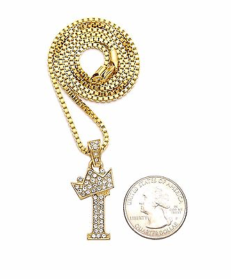 #ad Iced 14K Gold plated King Crown Letter quot;Iquot; Pendant amp; 24quot; Box Chain Necklace $14.99