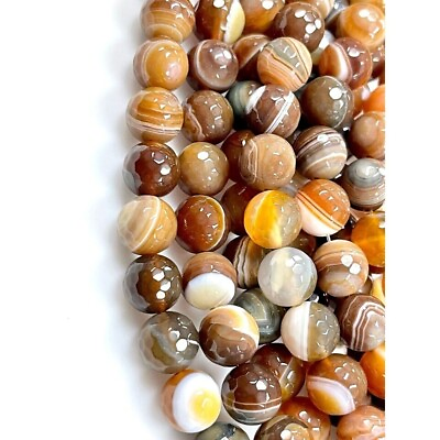 #ad Natural Brown Stripe Banded Agate Faceted Gemstone Beads Round 10mm $4.49