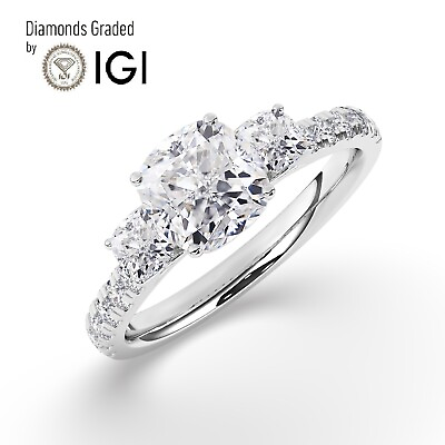 #ad IGI2.00 CT Solitaire Lab Grown Cushion Diamond Trilogy Ring 18K White Gold $2261.00