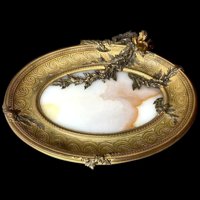 #ad Exquisite Antique French Bronze Tray Featuring Alabaster Stone Centerpiece $2610.00