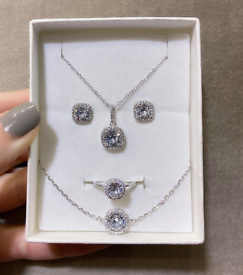 #ad 925 Silver Cubic Zirconia White Stamped Necklace Earrings Ring Bracelet Gift $30.00