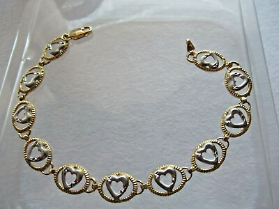 #ad 14k Solid Yellow amp; White Gold Heart Bracelet Italy NEW $525.00