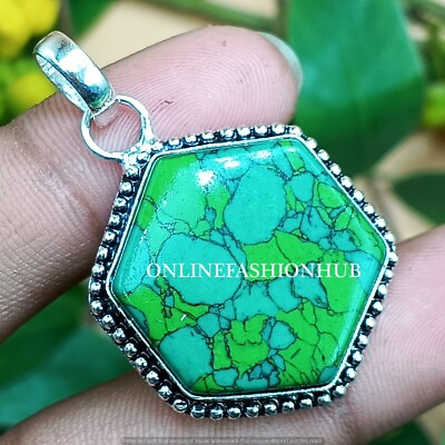 #ad Sale Turquoise Gemstone 925 Silver Plated 1 PC Hexagon Style Pendant With Chain $5.94