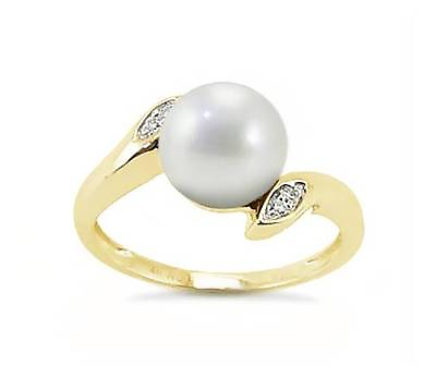 #ad 14K Yellow Gold Pearl Ring Freshwater White Pearl amp; Diamond Accent Ring .02ct $230.38
