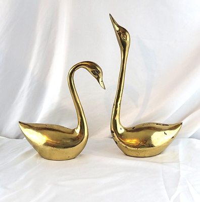 #ad Vintage Pair of Large Brass Swans Sculptures MCM Patina Aging 16in amp; 11in Tall $99.99