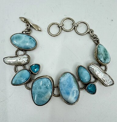 #ad Obsidian Jewelry OOAK Larimar blue topaz pearl sterling bracelet 7.25 8.5” $274.99