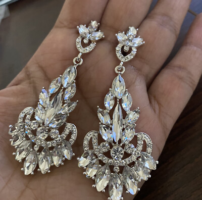 #ad 2.75quot; Long Silver Clear White Bridal Rhinestone Marquise Pageant Crystal Earring $15.50