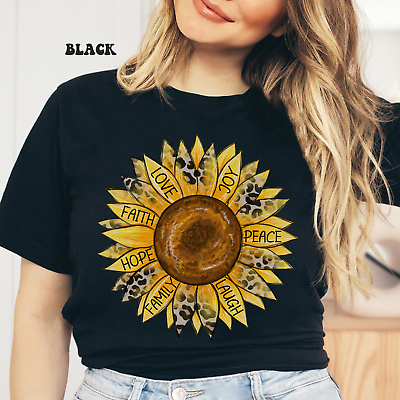 #ad Sunflower Love Joy Peace T Shirt Inspirational Womens Flower Graphic Tee S 3XL $18.99