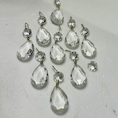 #ad Lot of 9 Crystal Teardrop Chandelier Prisms W Bead Burst 2” long $18.75