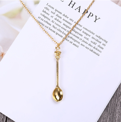 #ad Tiny Gold Tea Spoon Shape Charm Gold Pendant Necklace With Crown Gift $7.48