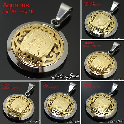 #ad MEN WOMEN Stainless Steel Silver Gold Plated 12 Zodiac Signs Horoscope Pendant $14.99
