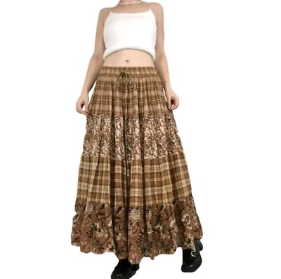 #ad Women#x27;s Vintage Maxi Skirt Mustard Yellow Plaid Paisley Fairy Grunge L FLAWED $20.00