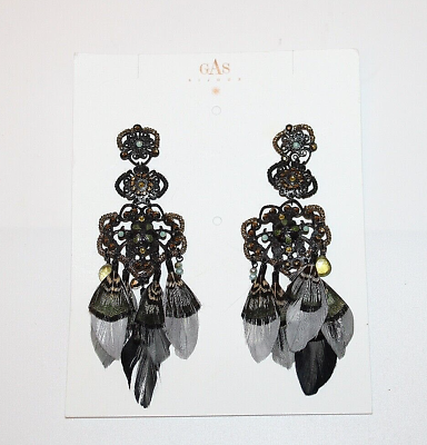 #ad GAS Bijoux Earrings metal tone vintage chandelier feather semi stone post $320 $150.00