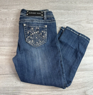 #ad Womens Sz 11 LA Idol USA Capri Jeans Dar Wash Embroidered Bejeweled 33quot;X18quot; $20.78