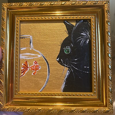#ad Black Cat Fish Original Painting 4 4 animalsartworkminismallframed $27.00