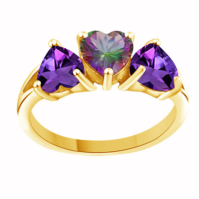 #ad 2.25 Ct Heart Shape Topaz Purple Amethyst 18K Yellow Gold Plated 3 Stone Ring $339.32