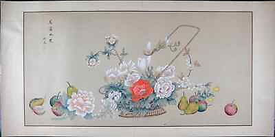 #ad Asian Watercolor on Silk Paper Vintage Art Oriental Painting Flower and Fruits $195.00