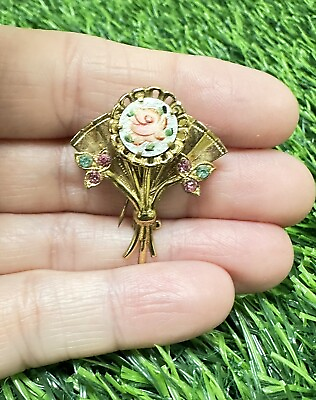 #ad Vintage Gold Tone Guilloche Rose Flower Pink amp; Green Victorian Fan Brooch Pin $21.73