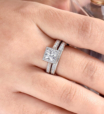 #ad 2ct Real Moissanite Princess 925 Sterling Silver Wedding Engagement Ring Set $147.87