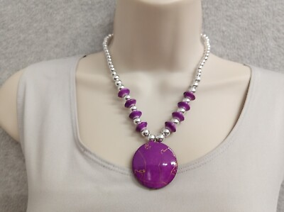 #ad Womens Pendant Necklace Purple Silver Tone Acrylic 18 in Runway Holiday Party $12.99