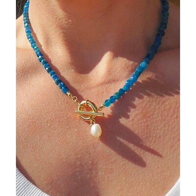 #ad Blue Apatite Gemstone Necklace Gold Toggle Clasp Removable Baroque Pearl Genuine $45.00
