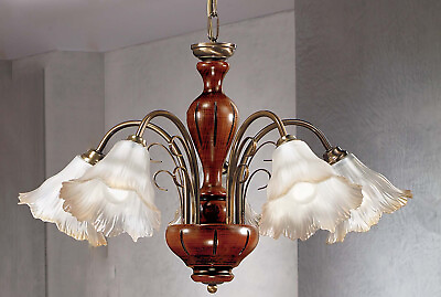 #ad Chandelier Classic Antique Wooden Walnut And Glass To 5 Lights DP293 $378.04