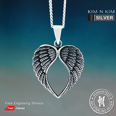 #ad Guardian Angel Wing Heart Pendant Necklace ✔️Solid 925 Silver ✔️Free Engraving GBP 30.50