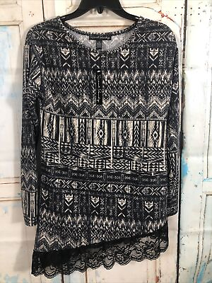 #ad FRENCH LAUNDRY Women#x27;s Size Small Tunic Top Stretch Long Sleeve Aztec Lace NWT $20.00
