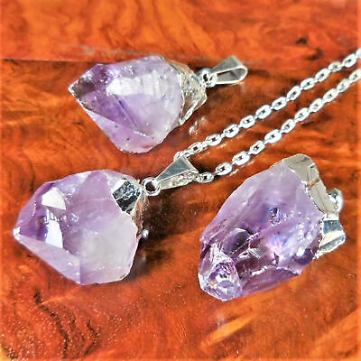 #ad Amethyst Crystal Pendant Silver Plated Natural Raw Point Necklace CR14 $11.80