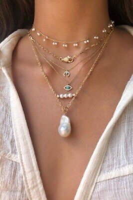 #ad Freshwater Pearl Multi Layered Chain Necklace 925 Fine Silver Luxury Party Jewel $226.95