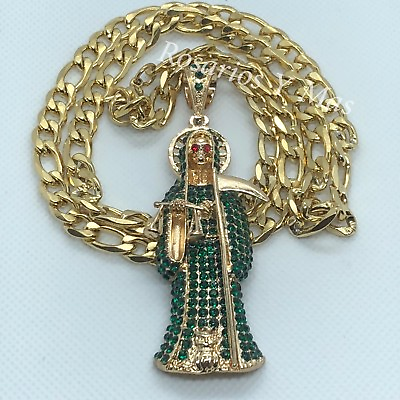 #ad Green Santa Muerte Gold Filled Pendant with 26quot; Necklace Rhinestones Holy Death $59.99