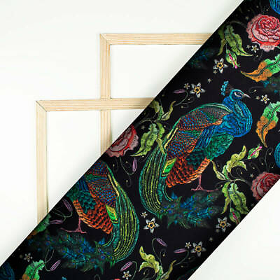 #ad Peacock Pattern Digital Printed Black Japan Satin Fabric Cut By Yard Meter $167.67