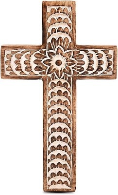 #ad Mango Wood White Cross Carved Floral Design Family Cross D?cor 10quot; x 6quot; x 0.5quot; $18.99