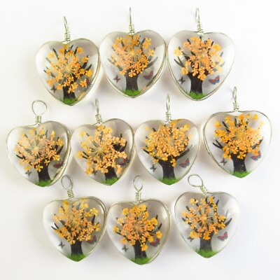 #ad 10Pcs 24x12mm Yellow Delicate Crystal Glass Dried Flower Heart Pendant T02026 $19.08