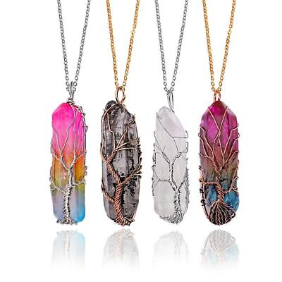 Clear Rainbow Crystal Tree Of Life Chakra Pendant Bronze Wire Wrap Necklace $7.25