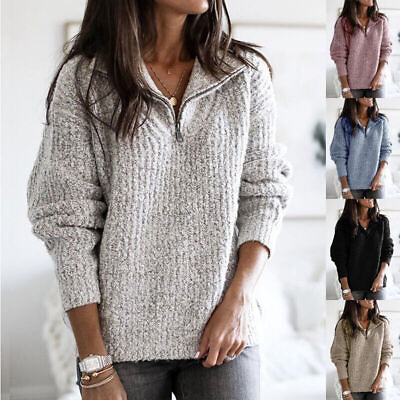 #ad Womens Knitted Long Sleeve Tops Pullover Ladies Zip V Neck Loose Jumper Sweater $22.55