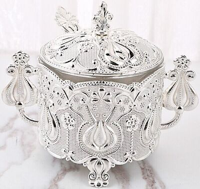 #ad Sugar Pot Metal Silver Accent Glass Bowl Spoon Luxury Design and Deluxe Gift Box $28.99