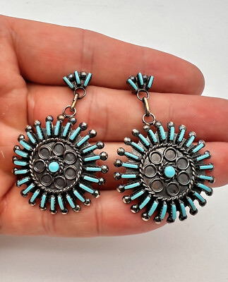 #ad Vintage Zuni Sterling Silver Needle Point Turquoise Round Dangle Earrings 2quot; $249.00